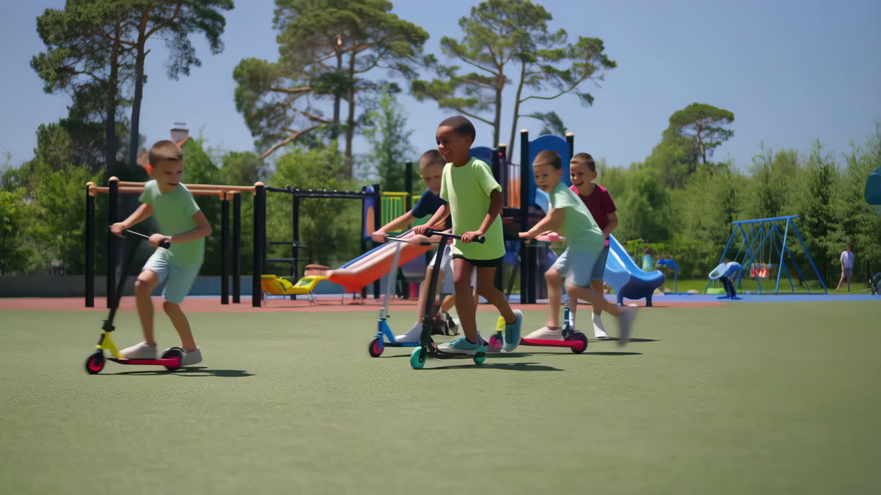 Kids Riding Scooters on a Playground