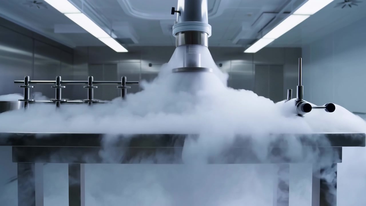Bico central de aço inoxidável libera vapor branco denso que se espalha pela mesa de preparação, suaviza bandejas de metal e forma uma nuvem baixa ao redor de superfícies limpas em uma sala industrial estéril.