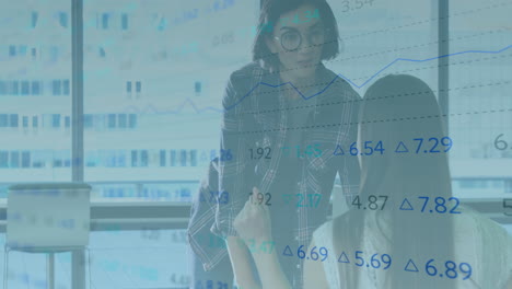 discussing financial data, businesswoman with colleague, stock market graphs animation