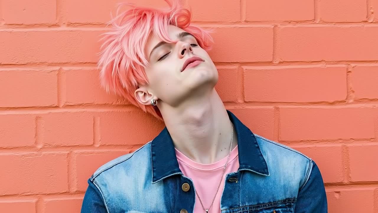 A young man with pink hair leaning against a brick wall