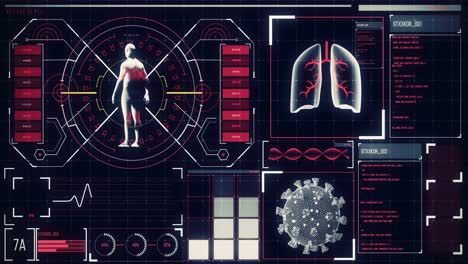 Animation-Des-Menschlichen-Körpers-Auf-Einem-Bildschirm-Analysiert,-Lunge-Und-Herzschlag-Analysiert,-Medizinische-Informationen