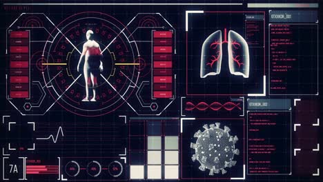 animation of the human body analyzed on a screen, lungs and heart beat analyzed, medical information