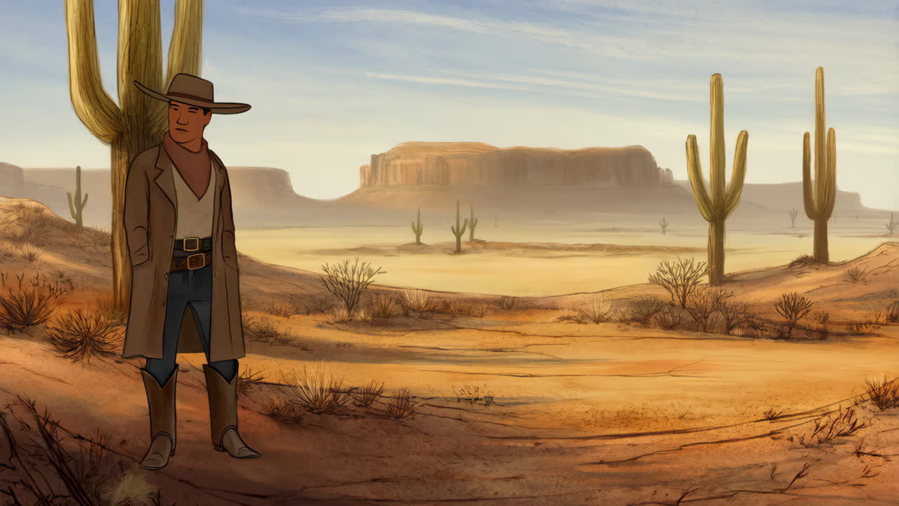Lone Cowboy in a Desert Landscape with Cacti and Mesas
