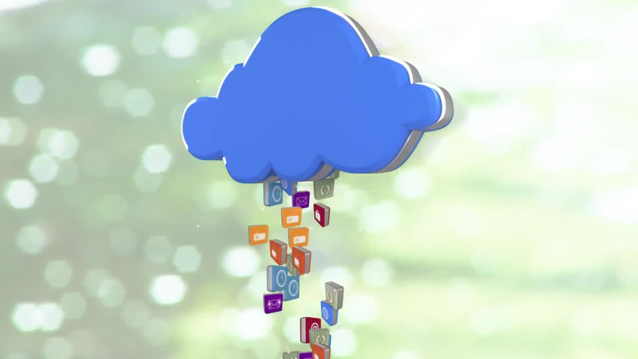 animación de nubes azules e iconos digitales flotando sobre agua brillante