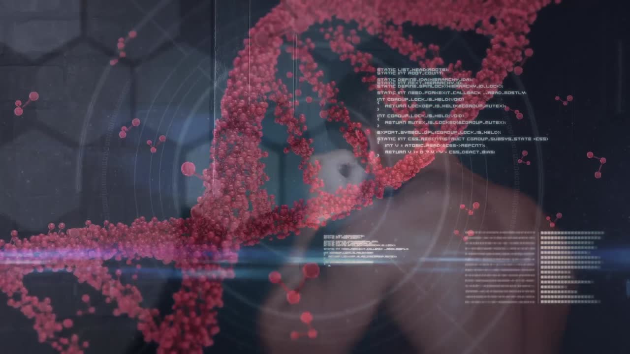 animación de la cadena de adn girando sobre el procesamiento de datos y ejercitando hombre fuerte