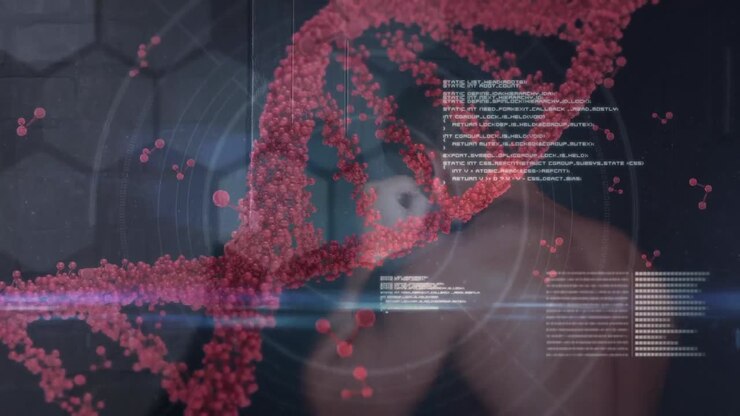 Animation of dna strand spinning over data processing and exercising strongman
