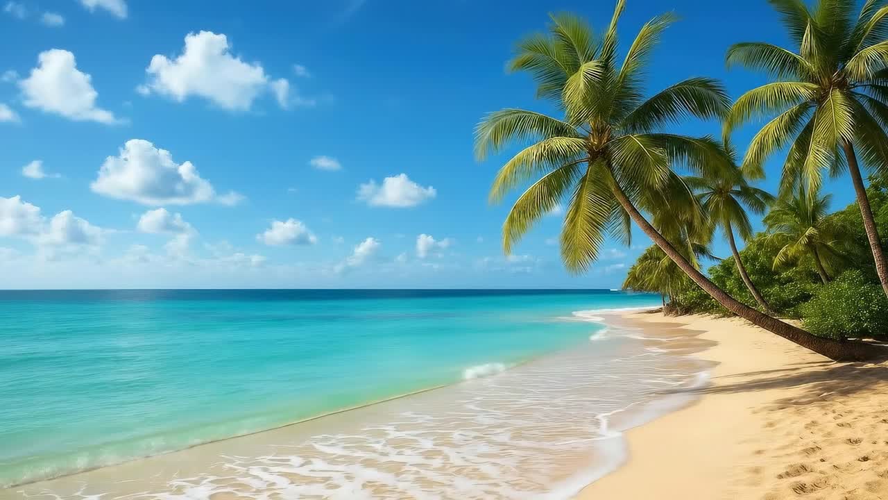 Vídeo aéreo de uma praia tropical com palmeiras, água azul cristalina e céu ensolarado