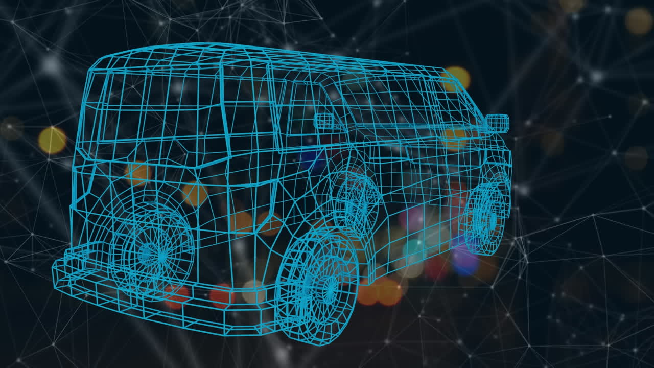 animación de una furgoneta digital sobre una red de conexiones sobre un fondo negro