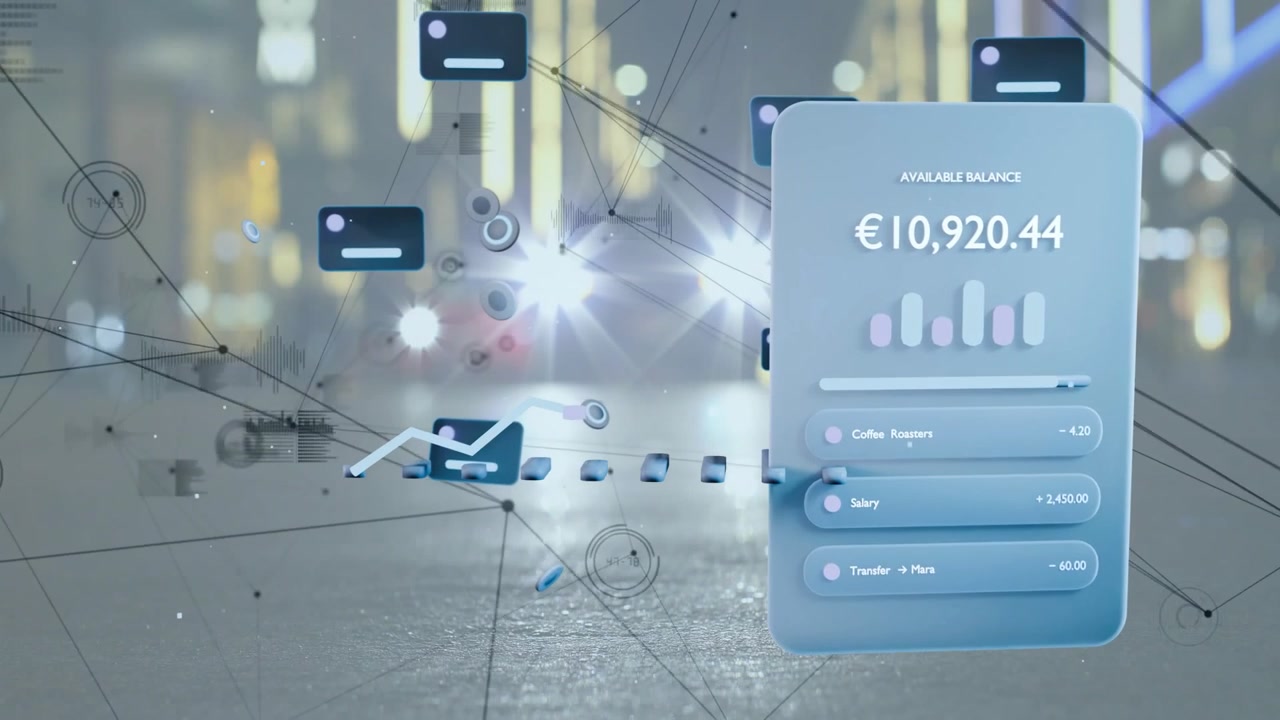 On start banking panel sliding in, tokens orbiting, line graph rising, showing balance €10,920