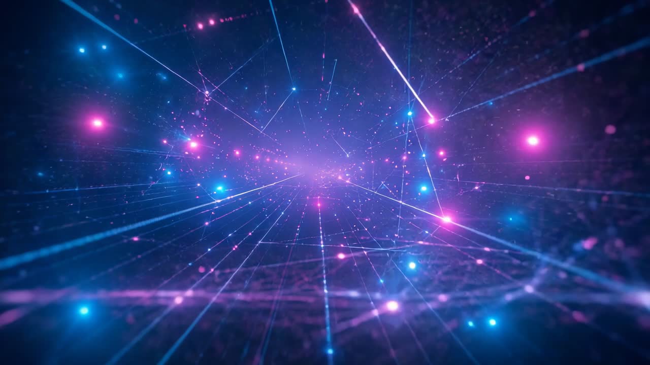 Starting with dark field, camera gliding through light grid with glowing nodes converging on core