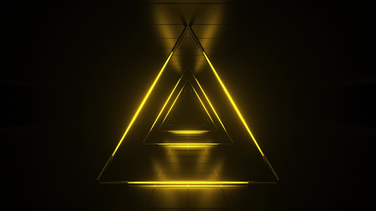 fondo futurista naranja abstracto. espacio de tubos de luz de neón brillantes de astera en fondo negro. tecnología, concepto vj. vista interior del túnel desde un triángulo. lámpara led. animación de bucle 3d 4k