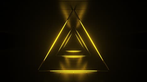 fondo futurista naranja abstracto. espacio de tubos de luz de neón brillantes de astera en fondo negro. tecnología, concepto vj. vista interior del túnel desde un triángulo. lámpara led. animación de bucle 3d 4k