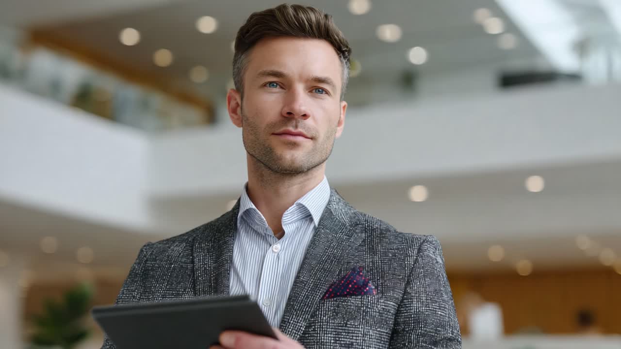 Focused Professional Analyzes Data on Tablet in Modern Office Environment Capturing a Moment of Concentration and Engagement with Digital Technology