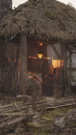 a small, old, wooden house with a thatched roof and a lantern hanging over the door