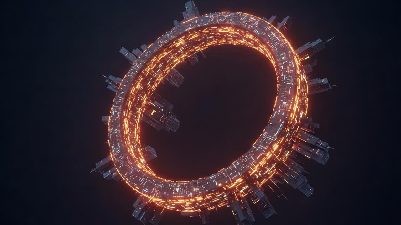 A Stunning Digital Render of a Futuristic Ring Structure Surrounded by Urban Elements, Highlighting Advanced Technology and Imaginative Architecture in a Dark Environment