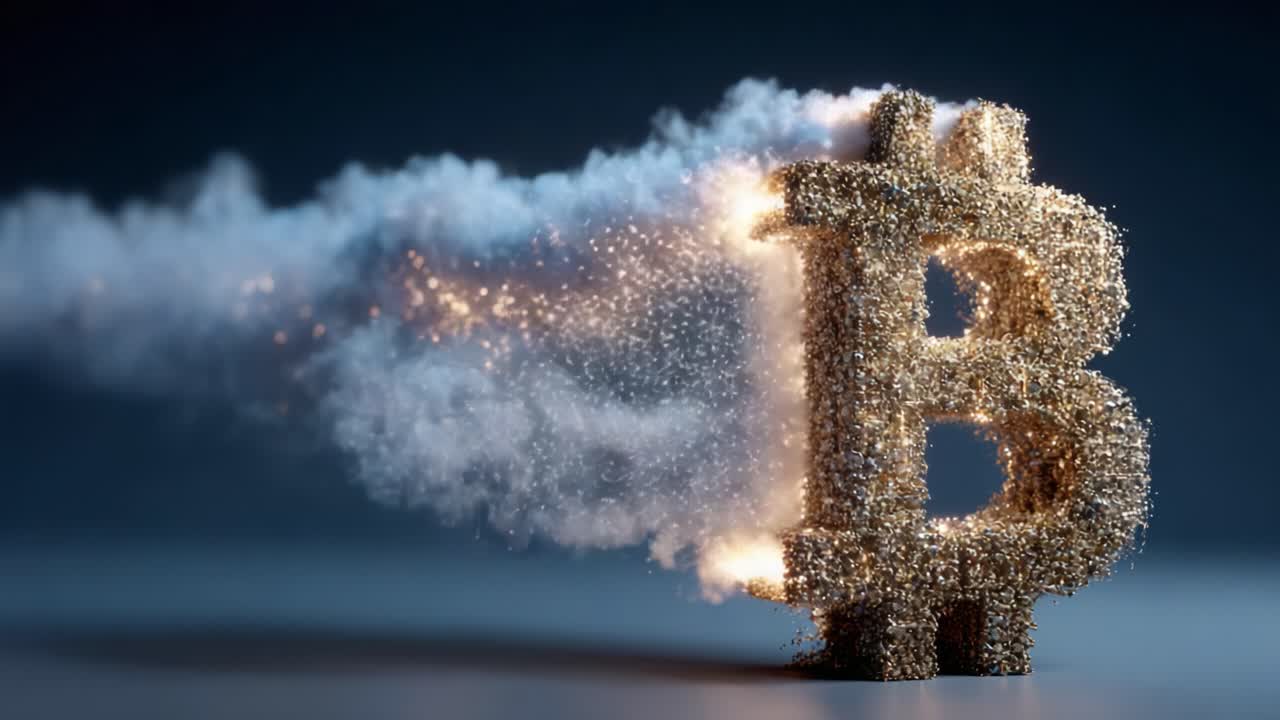 A Stunning Visual Representation of Cryptocurrency: A Beautifully Crafted Bitcoin Symbol Sparkles with Golden Glitter and Emits Smoke and Sparks, Symbolizing Wealth and Innovation