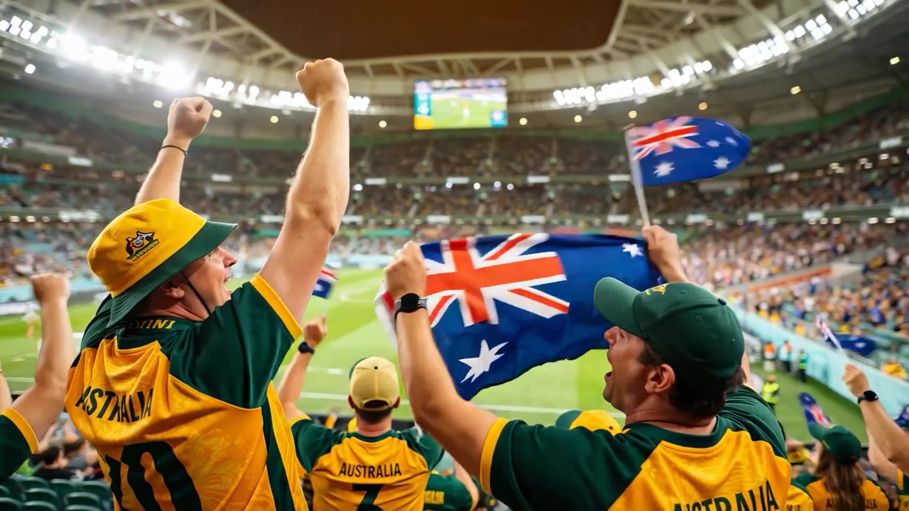 Reagindo à partida, dois torcedores vestindo camisas da AUSTRÁLIA levantando bandeira na arquibancada inferior do estádio