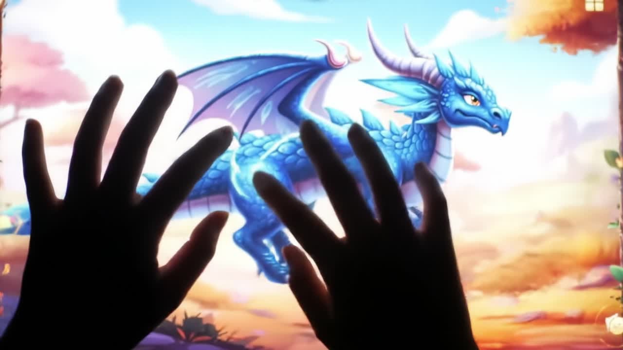 A captivating moment unfolds as hands touch a glowing screen, unveiling a majestic dragon in a mystical realm. The atmosphere invites exploration and imagination in this fantasy adventure.