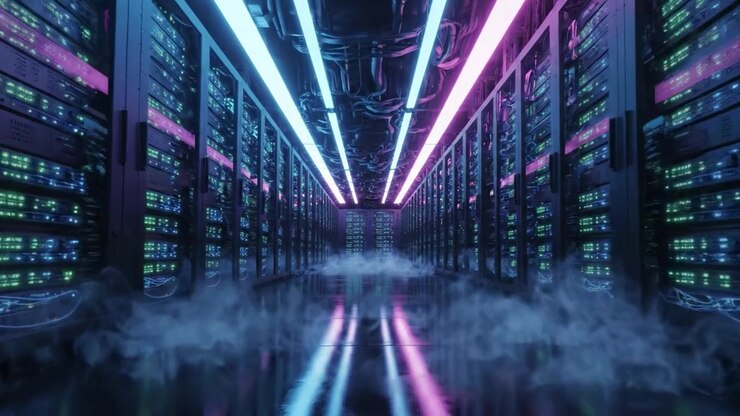 Futuristic Data Center Showcase: High-Tech Server Racks with Colorful LED Lights and a Mystical Fog Along the Floor, Creating an Innovative Digital Environment
