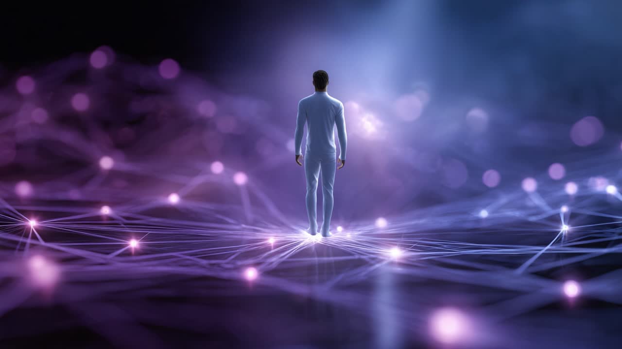 Una figura si erge in una rete di connessioni luminose, simboleggiando la convergenza di tecnologia, comunicazione e interconnessione in un paesaggio digitale.