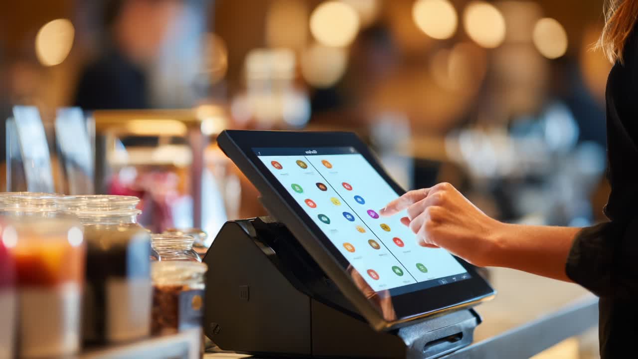 A user interacts with a sleek digital interface at a modern point-of-sale system in a bustling café, showcasing advanced technology for efficient customer service and menu navigation