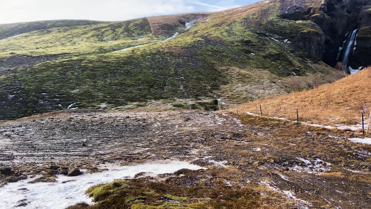 Establishing shot of Gr&oacute;farl&aelig;kjarfoss waterfall in Iceland during winter