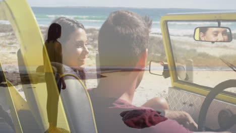 in animation, couple in yellow convertible viewing beach, woman walking overlay