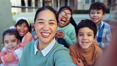 selfie, happy and teacher with children at school