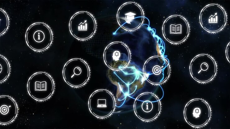 Planet Earth rotating, blue pulses appearing, forming arcs linking icons, visualizing global data