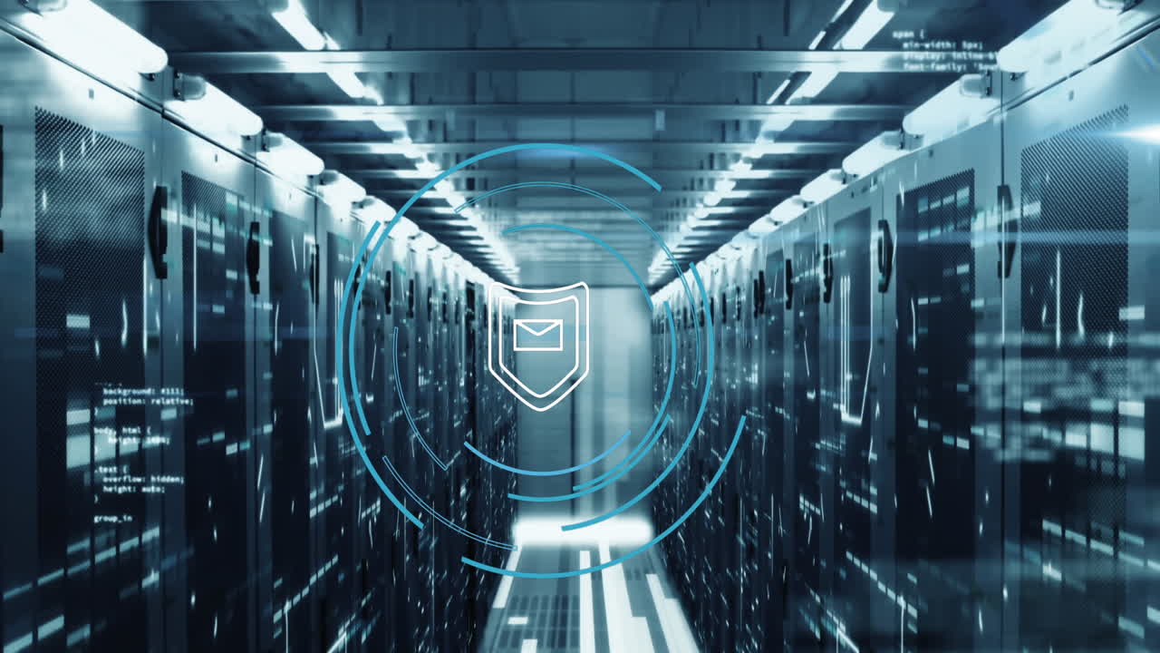 Animation of security sheild icon, mosaic sqaures and data processing against computer server room