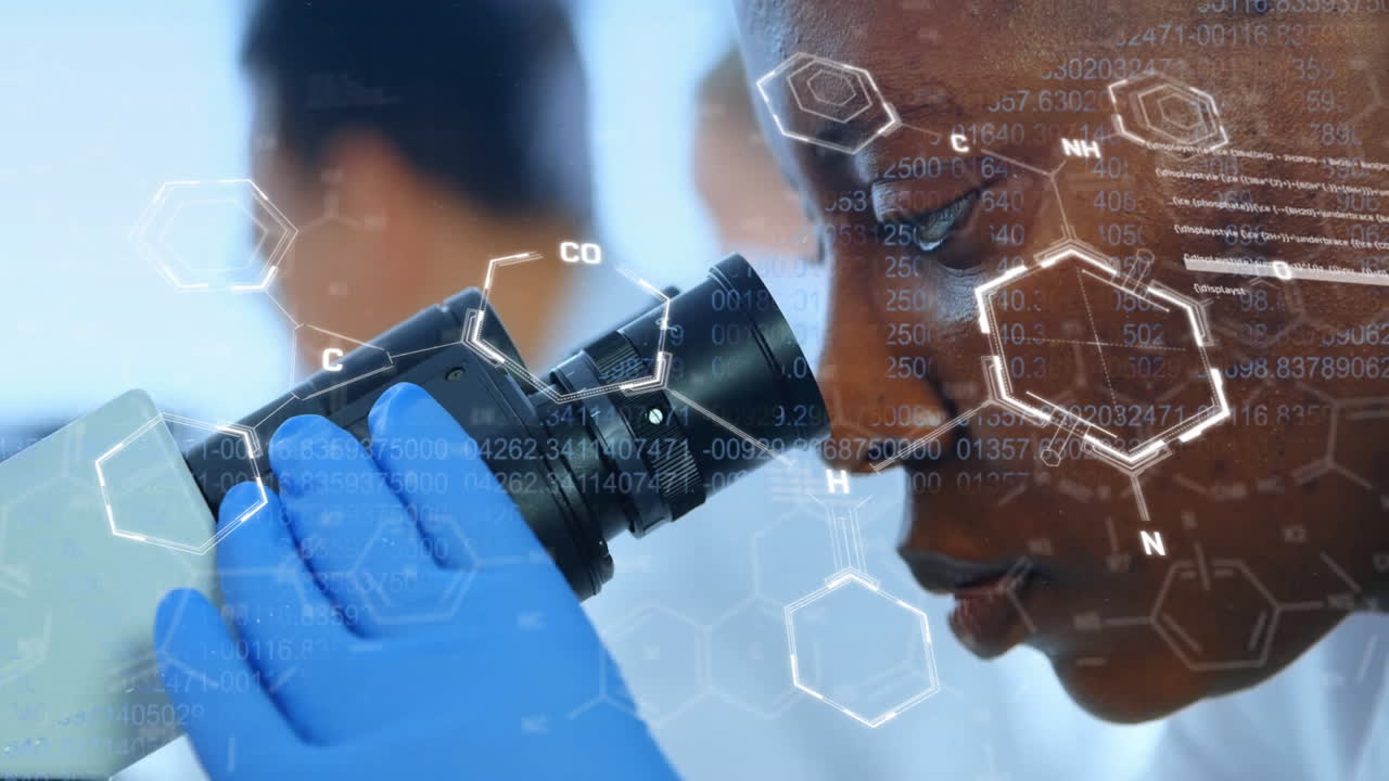 Animation of scientific data processing over female african american scientist in laboratory
