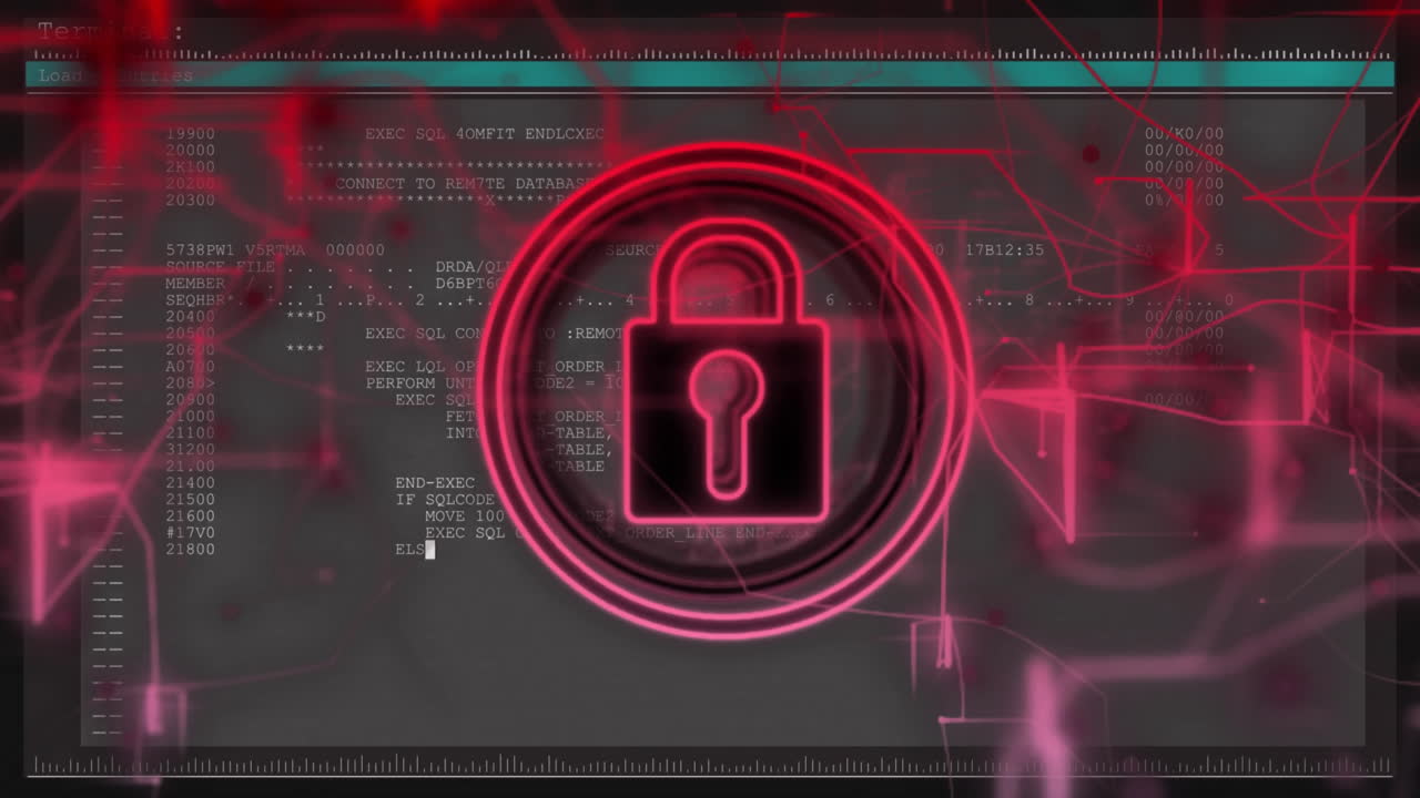 animazione dell'icona del lucchetto sull'elaborazione dei dati su sfondo nero