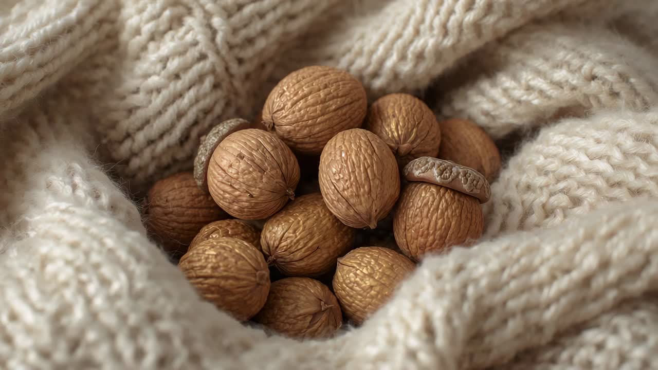 Allontanamento della telecamera, primo piano che rivela le pieghe beige del lavoro a maglia e mette in risalto il gruppo di dadi con il cappuccio