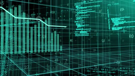 Animación-De-Gráficos-Y-Capas-De-Procesamiento-De-Datos-Sobre-Cuadrícula-3d-Sobre-Fondo-Negro