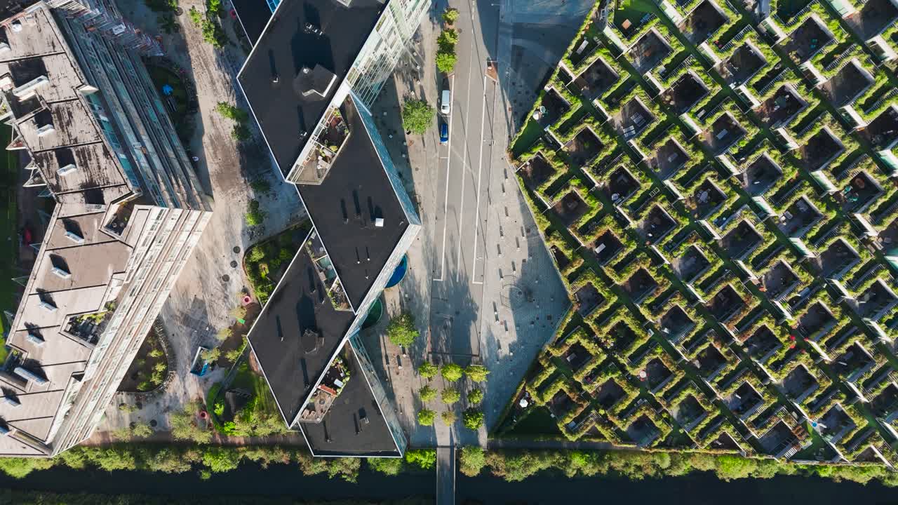 Aerial top down view of residential complex Mountain Dwellings, Copenhagen