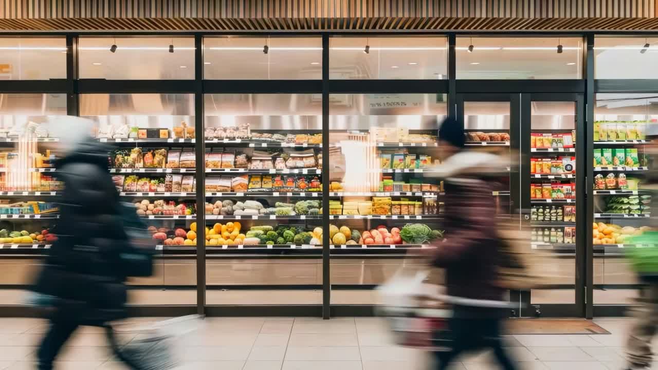 Blurred motion video of shoppers walking past a grocery store's fresh produce section