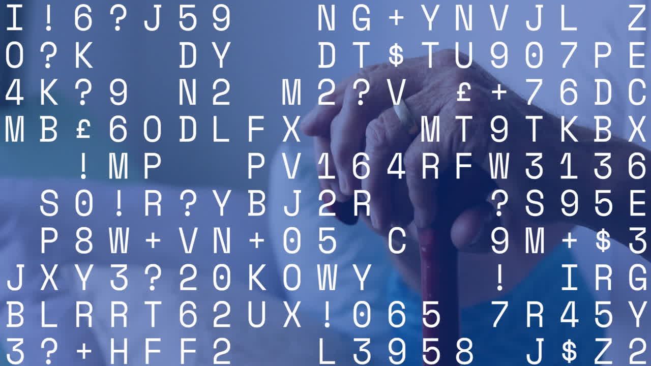 Senior man's hand gripping cane in bedroom, showing animated health chart and floating heart icon