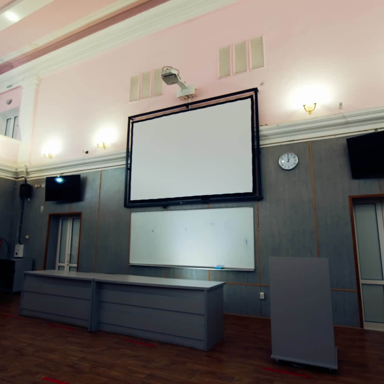 Contemporary equipment in the classroom. Multimedia board and tv sets in the auditorium for lectures in the university