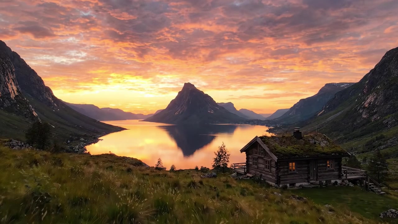 Atemberaubender Sonnenuntergang über einem ruhigen Bergsee mit einer rustikalen Hütte, eingebettet in eine üppig grüne Landschaft, die die Ruhe und Schönheit der Natur einfängt.