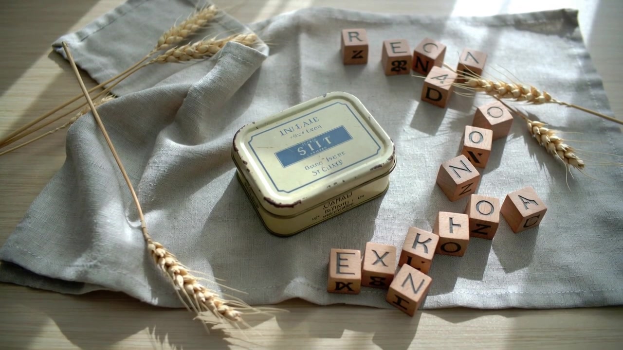 Shifting camera revealing metal tin with blue label on wood tabletop, wooden blocks showing faces