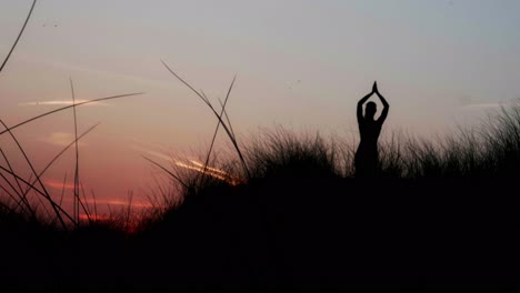 Mujer-Shilhouette-En-árbol-Asana-Con-Los-Brazos-Levantados-Sobre-La-Cabeza-Al-Atardecer