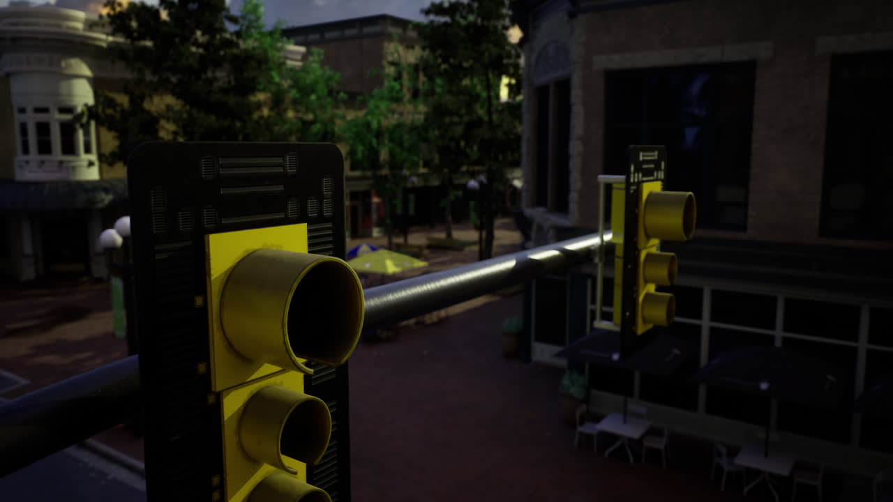 Traffic lights hang on a pole above a bustling intersection in a city