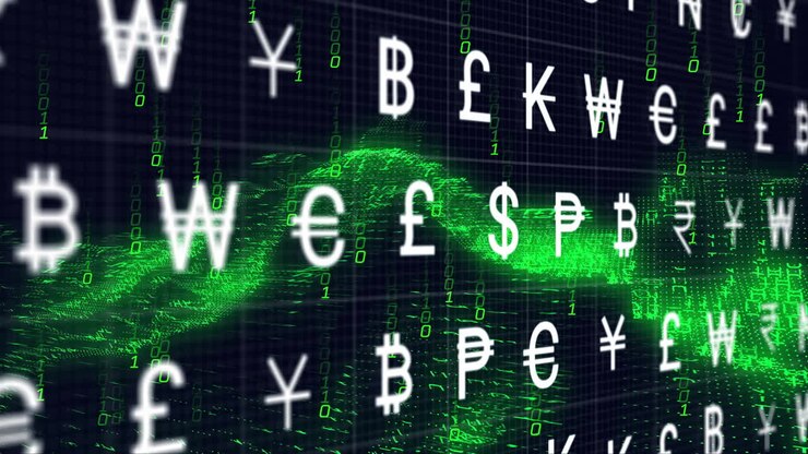 Animazione di simboli di valuta ed elaborazione di dati finanziari