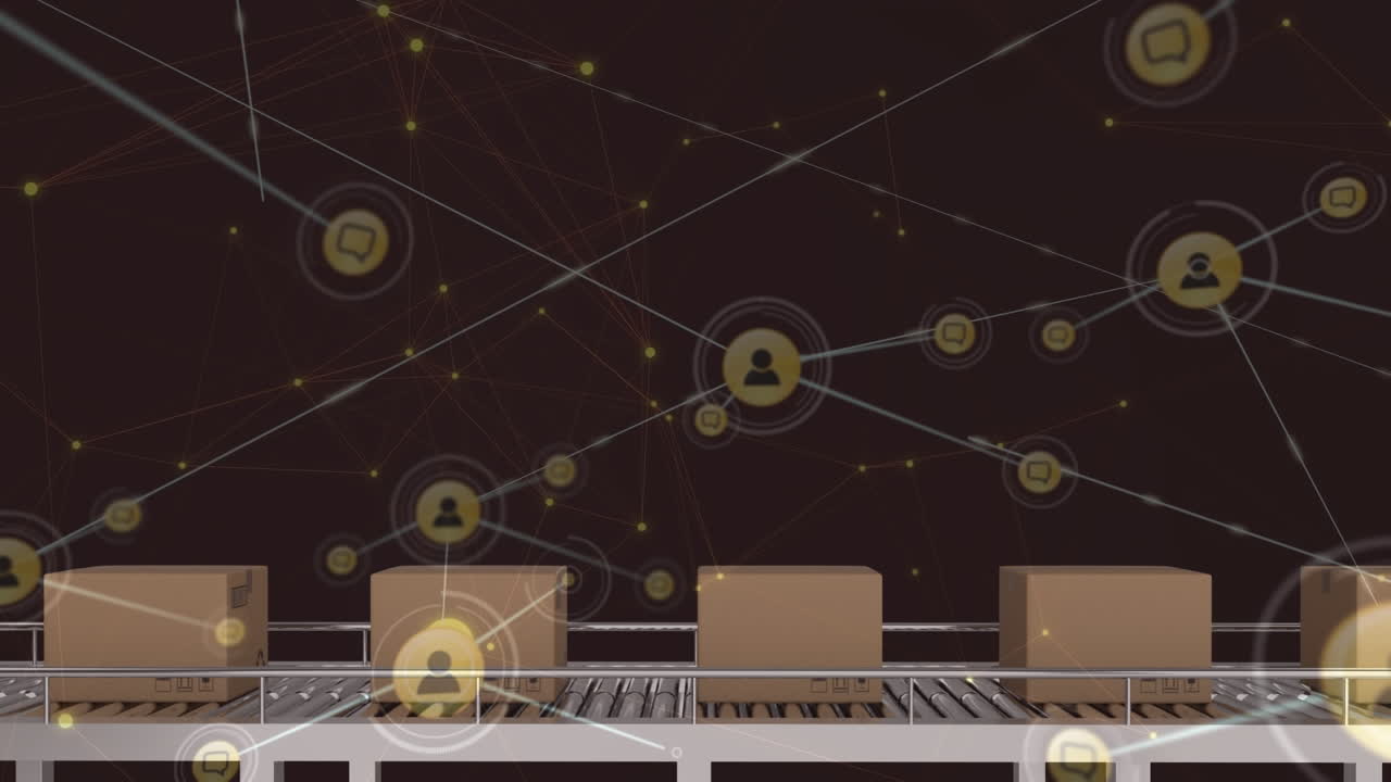 animación de la red de conexiones con iconos sobre cajas en la cinta transportadora