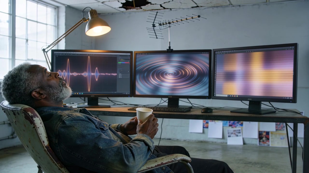 Leaning back amid signal updates, man in denim jacket holding cup at studio watching three screens
