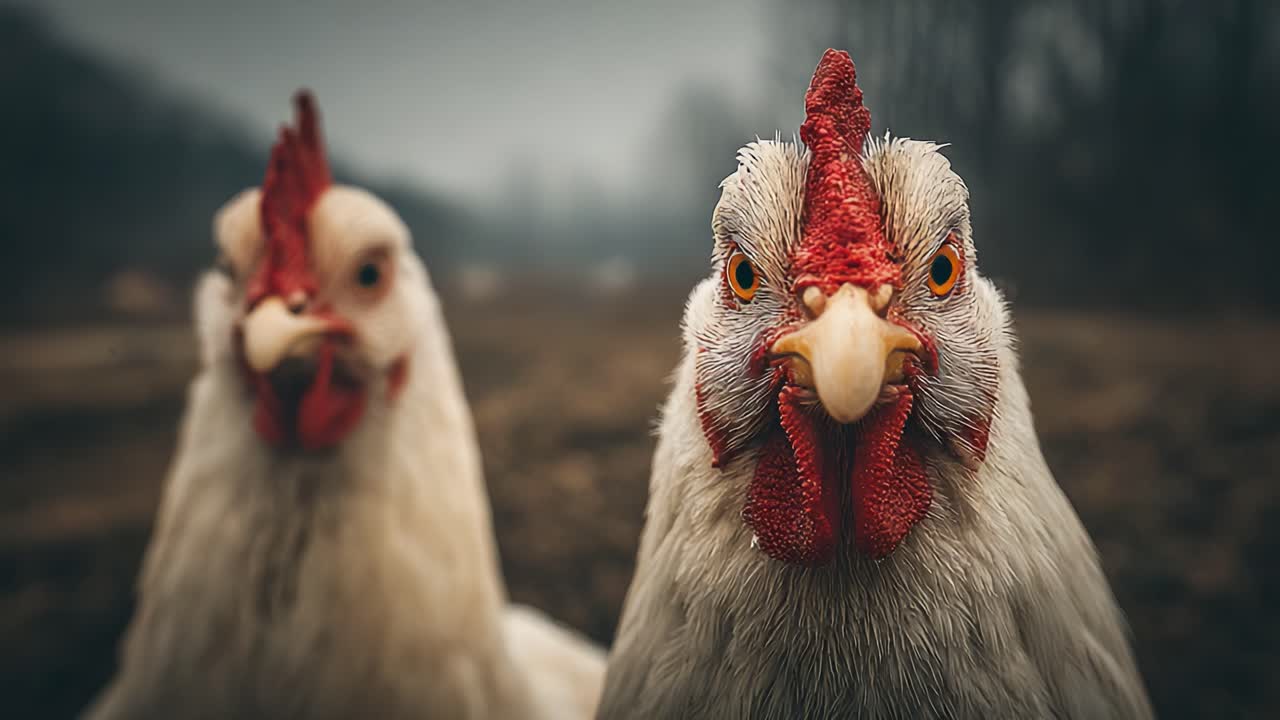Un primer plano de gallinas de granja capta sus intrigantes expresiones y rasgos únicos en un fondo rural neblinoso