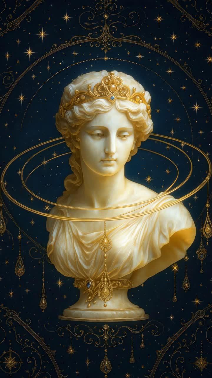 Concept video elegante di un busto a tema celeste di profilo, adornato con dettagli dorati
