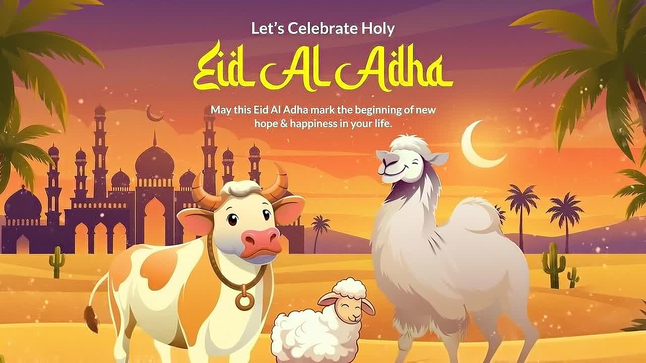 Eid Al Adha greeting banner animation featuring camel, cow and sheep beside illuminated mosque at sunset
