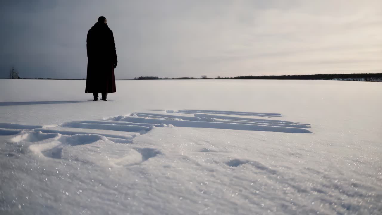 어두운 코트 를 입은 사람 이 눈 인 들판 에서 고 있다