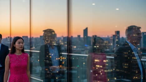 a captivating evening scene captured on a rooftop, showcasing elegance and urban life against breathtaking reflections of the city during sunset